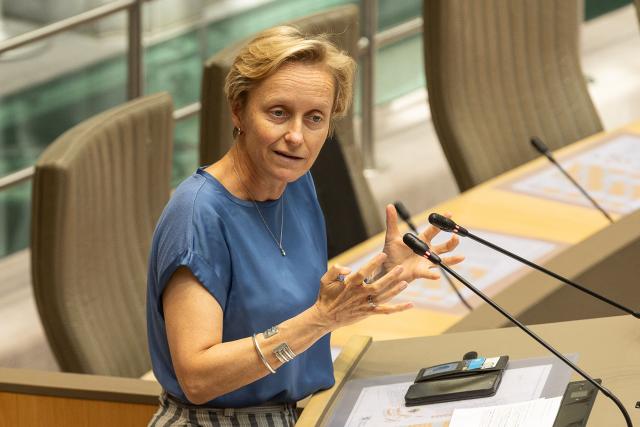 Flemish Minister for Mobility and Public Works Annick De Ridder speaks during a plenary session of the Flemish Parliament in Brussels on July 8, 2026. (Photo by JAMES ARTHUR GEKIERE / Belga / AFP) / Belgium OUT