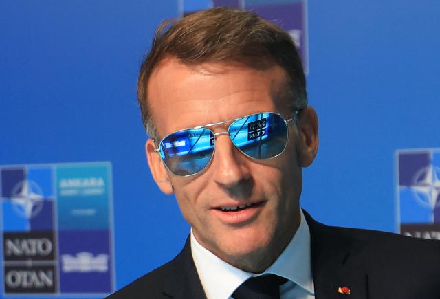 France's President Emmanuel Macron speaks to the press during a NATO Summit at Bestepe Presidential Compound in Ankara, Turkey, July 8, 2026. The summit comes at a fraught time for the 77-year-old transatlantic alliance, with the US President demanding members make good on a pledge to ramp up defence spending as Washington takes a step back from Europe. (Photo by Ludovic MARIN / AFP)