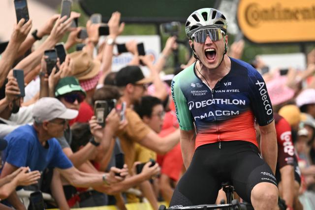 Decathlon CMA CGM Team's Dutch rider Olav Kooij cycles to the finish line to win the 5th stage of the 113th edition of the Tour de France cycling race, 158 km between Lannemezan and Pau in southwestern France, on July 8, 2026. (Photo by Jeff PACHOUD / AFP)