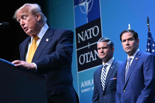 US President Donald Trump, next to  US Secretary of State Marco Rubio (R) and US Defense Secretary Pete Hegseth, speaks to the press during a NATO Summit at Bestepe Presidential Compound in Ankara, on July 8, 2026. The summit comes at a fraught time for the 77-year-old transatlantic alliance, with the US President demanding members make good on a pledge to ramp up defence spending as Washington takes a step back from Europe. (Photo by SAUL LOEB / AFP)