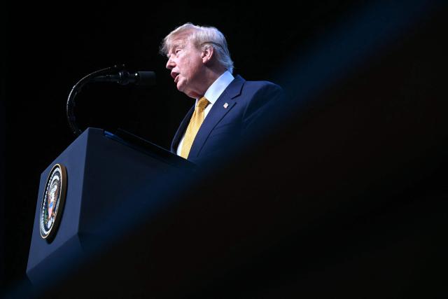 US President Donald Trump speaks to the press during a NATO Summit at Bestepe Presidential Compound in Ankara, on July 8, 2026. The summit comes at a fraught time for the 77-year-old transatlantic alliance, with the US President demanding members make good on a pledge to ramp up defence spending as Washington takes a step back from Europe. (Photo by SAUL LOEB / AFP)