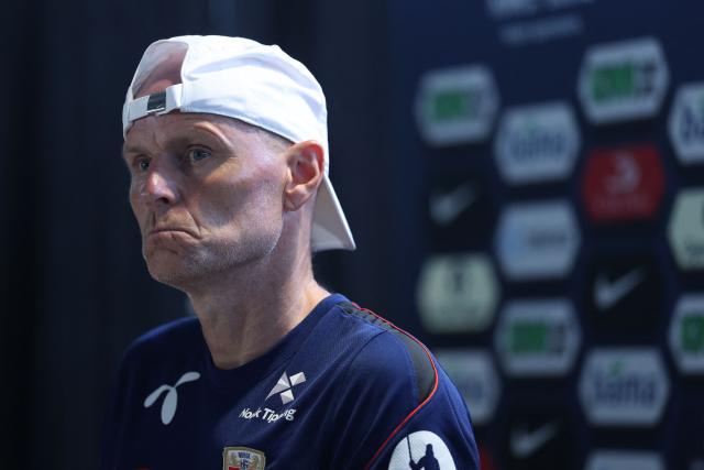 Norway's head coach Staale Solbakken gives a press conference at the Inter Miami CF Training Facility in Fort Lauderdale on July 8, 2026 during the 2026 World Cup football torunament. (Photo by PATRICIA DE MELO MOREIRA / AFP)