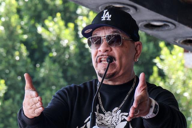 US rapper/songwriter Ice Cube speaks during hip hop group Bone Thugs-N-Harmony's Hollywood Walk of Fame star ceremony in the Hollywood neighborhood of Los Angeles on July 8, 2026. (Photo by VALERIE MACON / AFP)