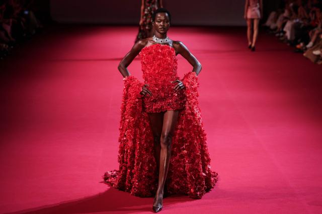 A model presents a creation by Manish Malhotra for the Women Haute Couture Fall/Winter 2026-2027 collection as part of the Paris Fashion Week, in Paris, on July 8, 2026. (Photo by Kenzo TRIBOUILLARD / AFP)