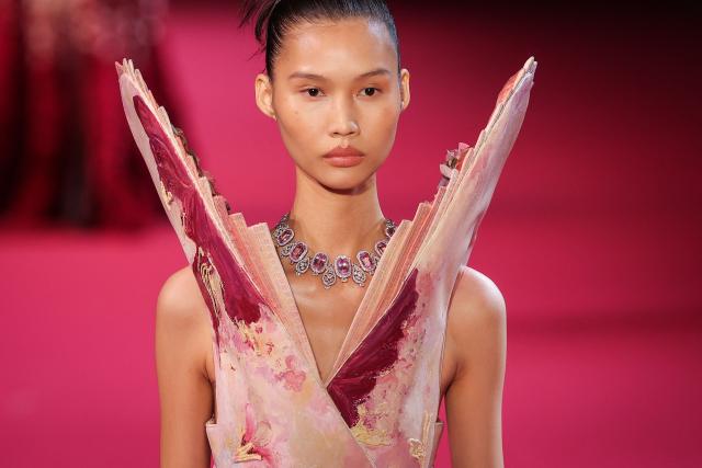 A model presents a creation by Manish Malhotra for the Women Haute Couture Fall/Winter 2026-2027 collection as part of the Paris Fashion Week, in Paris, on July 8, 2026. (Photo by Kenzo TRIBOUILLARD / AFP)