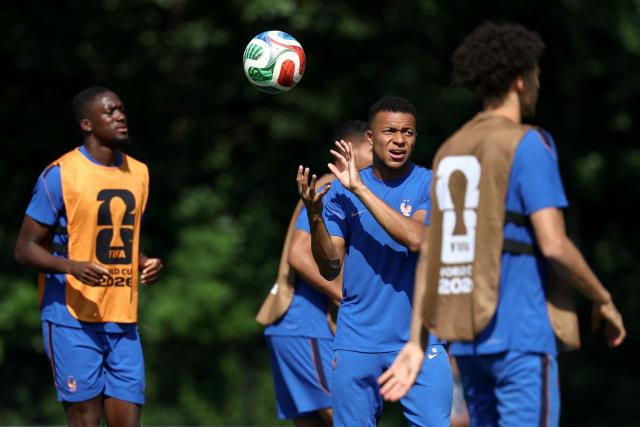 France's forward #10 Kylian Mbappe takes part in an MD-1 training session at Bentley University in Waltham, near Boston, on July 8, 2026, on the eve of the 2026 World Cup football tournament quarter-final match between France and Morocco. (Photo by FRANCK FIFE / AFP)