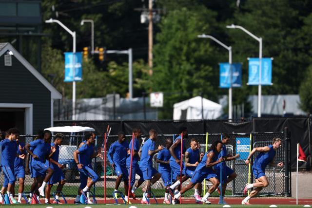 France's players take part in an MD-1 training session at Bentley University in Waltham, near Boston, on July 8, 2026, on the eve of the 2026 World Cup football tournament quarter-final match between France and Morocco. (Photo by FRANCK FIFE / AFP)