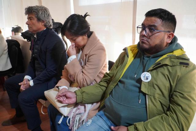 Relatives of some of the 44 Argentine Navy personnel who died in the 2017 sinking of the ARA San Juan submarine attend a sentencing hearing in Rio Gallegos, Santa Cruz province, Argentina, on July 8, 2026. An Argentine court has handed down a three-year suspended prison sentence to former naval commander Claudio Villamide in connection with the sinking of the submarine “ARA San Juan” in 2017, in which all 44 crew members lost their lives, according to the judgement read out by the court on July 8, 2026. (Photo by Walter Diaz / AFP)