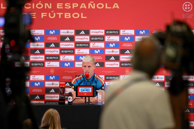 Spain's forward #10 Dani Olmo gives a press conference in Manhattan Beach, California on July 8, 2026, during the 2026 World Cup football tournament. (Photo by Patrick T. Fallon / AFP)
