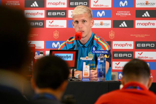 Spain's forward #10 Dani Olmo gives a press conference in Manhattan Beach, California on July 8, 2026, during the 2026 World Cup football tournament. (Photo by Patrick T. Fallon / AFP)