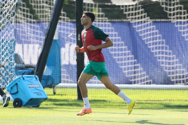 Morocco's defender #02 Achraf Hakimi takes part in an MD-1 training session at New England Revolution Training Centre in Foxborough, near Boston, on July 8, 2026, on the eve of the 2026 World Cup football tournament quarter-final match between France and Morocco. (Photo by Odd ANDERSEN / AFP)