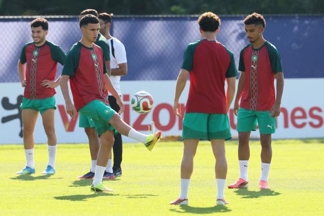 Morocco's midfielder #23 Bilal El Khannouss takes part in an MD-1 training session at New England Revolution Training Centre in Foxborough, near Boston, on July 8, 2026, on the eve of the 2026 World Cup football tournament quarter-final match between France and Morocco. (Photo by Odd ANDERSEN / AFP)