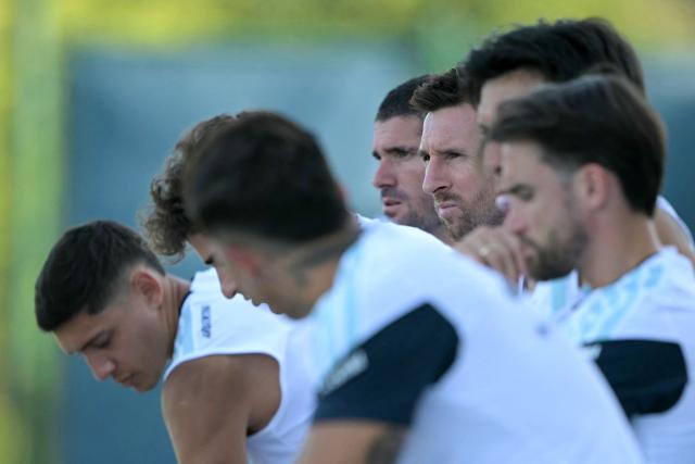 Argentina's forward #10 Lionel Messi (C) looks on among teammates in a training session at the Sporting KC Stadium in Kansas City on July 8, 2026, during the 2026 World Cup tournament. (Photo by JUAN MABROMATA / AFP)