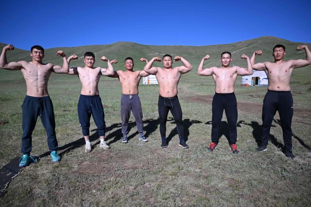 This photo taken on June 24, 2026 shows Mongolian wrestlers posing with their flexed muscles at a training camp ahead of the Naadam Festival on the outskirts of Ulaanbaatar. The whistle blows, sending dozens of hulking wrestlers chasing a football in the Mongolian grasslands -- a World Cup twist in their gruelling training for one of the country's oldest sporting traditions. (Photo by Adek BERRY / AFP) / To go with 'MONGOLIA-LIFESTYLE-TRADITION-WRESTLING,FOCUS' by Mungunsor Purevsuren