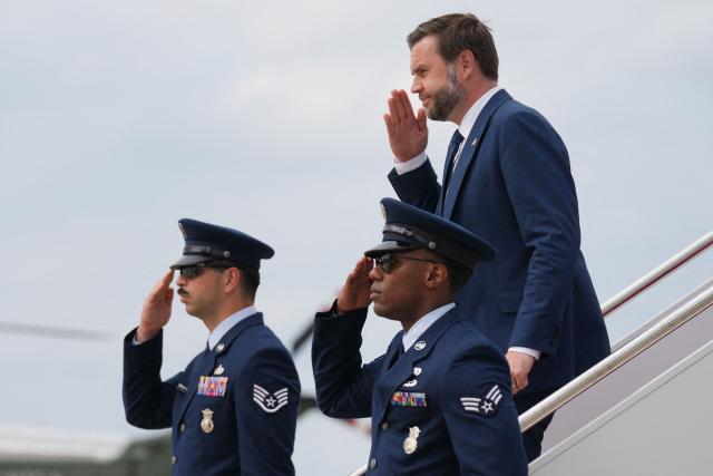 US Vice President JD Vance steps off Air Force Two at Joint Base Andrews, Maryland, on July 8, 2026. (Photo by Mark Schiefelbein / POOL / AFP)
