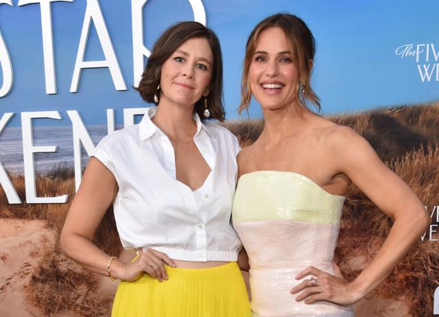 US actress and producer Jennifer Garner (R) and US playwright and screenwriter Bekah Brunstetter (L) attend Peacock's "The Five-Star Weekend" premiere at the Billy Wilder Theatre at the Hammer Museum in Los Angeles on July 8, 2026. (Photo by Chris DELMAS / AFP)