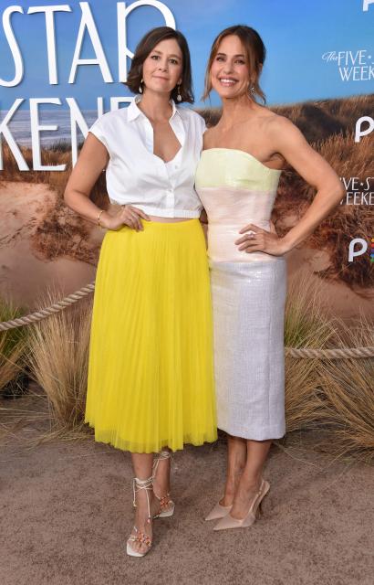 US actress and producer Jennifer Garner (R) and US playwright and screenwriter Bekah Brunstetter (L) attend Peacock's "The Five-Star Weekend" premiere at the Billy Wilder Theatre at the Hammer Museum in Los Angeles on July 8, 2026. (Photo by Chris DELMAS / AFP)