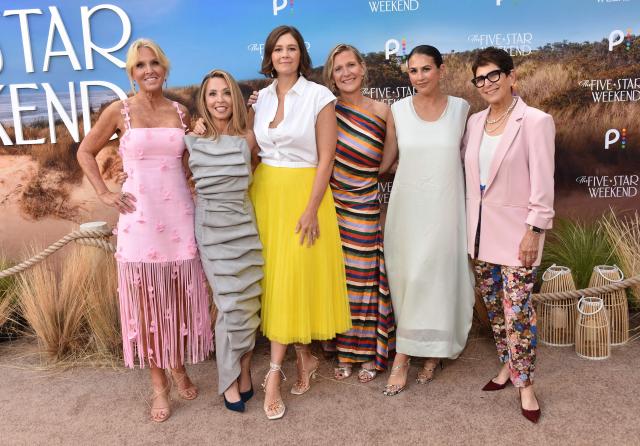 (L/R) US writer Elin Hilderbrand, British producer Minkie Spiro, US playwright and screenwriter Bekah Brunstetter, producers Sue Naegle, Ali Krug and Merri D. Howard attend Peacock's "The Five-Star Weekend" premiere at the Billy Wilder Theatre at the Hammer Museum in Los Angeles on July 8, 2026. (Photo by Chris DELMAS / AFP)