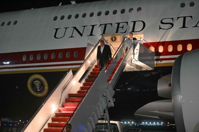 US President Donald Trump disembarks from Air Force One upon arrival at Joint Base Andrews, Maryland on July 9, 2026. Trump is returning from the NATO Summit in Turkey. (Photo by SAUL LOEB / AFP)