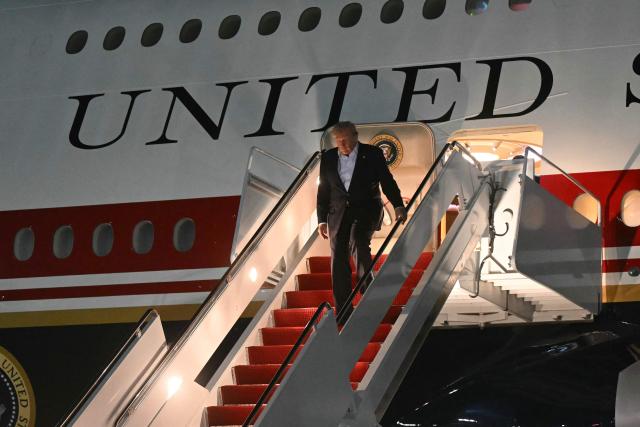 US President Donald Trump disembarks from Air Force One upon arrival at Joint Base Andrews, Maryland on July 9, 2026. Trump is returning from the NATO Summit in Turkey. (Photo by SAUL LOEB / AFP)