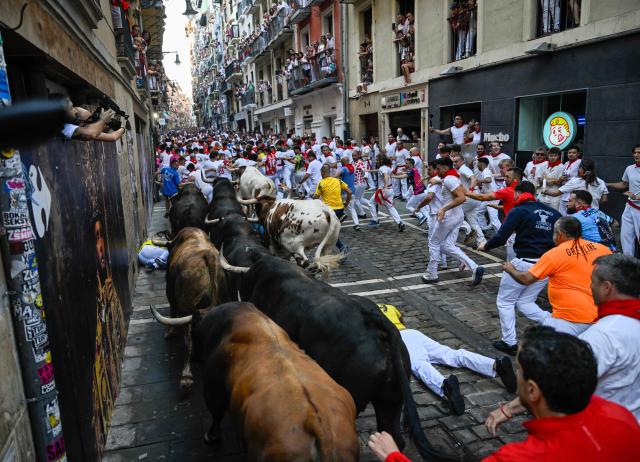 Participants run ahead of bulls from the Victoriano del Rio bull ranch during the third running of the bulls of the San Fermin festival in Pamplona, northern Spain, on July 9, 2026. Thousands of people every year attend the week-long festival and its famous 'encierros', or running of the bulls, in which six bulls are released at 8:00 a.m. evey day to run from their corral to the bullring through the narrow streets of the old town over an 850 meters (yards) course while runners ahead of them try to stay close to the bulls without falling over or being gored. (Photo by ANDER GILLENEA / AFP)