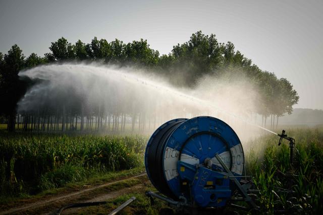 This photograph shows a hose reel irrigator spraying water over a maize field as a heatwave and drought strain agriculture in La Réole, south-western France, on July 8, 2026. (Photo by Philippe LOPEZ / AFP)