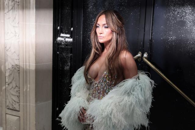 US singer and actress Jennifer Lopez poses as she arrives for the Celia Kritharioti Women Haute Couture Fall/Winter 2026-2027 collection as part of the Paris Fashion Week, in Paris, on July 9, 2026. (Photo by Behrouz MEHRI / AFP)