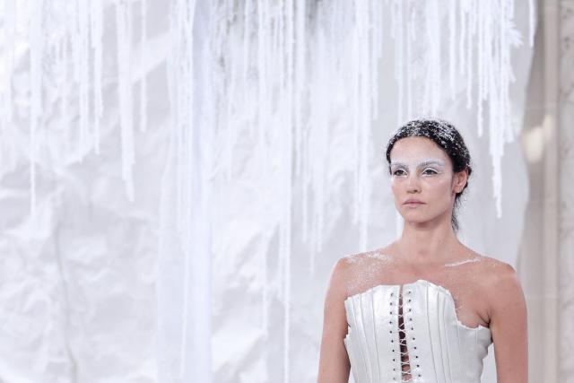 Brazilian model Sofia Resing presents a creation by Celia Kritharioti for the Women Haute Couture Fall/Winter 2026-2027 collection fashion show as part of the Paris Fashion Week, in Paris, on July 9, 2026. (Photo by Behrouz MEHRI / AFP)