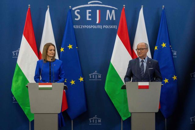 Hungary's Parliament Speaker Agnes Forsthoffer (L) and Poland's Parliament Speaker Wlodzimierz Czarzasty address a joint press conference after their meeting at the Polish Parliament in Warsaw on July 9, 2026. (Photo by Wojtek RADWANSKI / AFP)