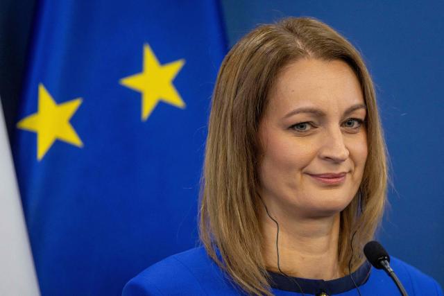 Hungary's Parliament Speaker Agnes Forsthoffer looks on during a joint press conference with  Poland's Parliament Speaker after their meeting at the Polish Parliament in Warsaw on July 9, 2026. (Photo by Wojtek RADWANSKI / AFP)