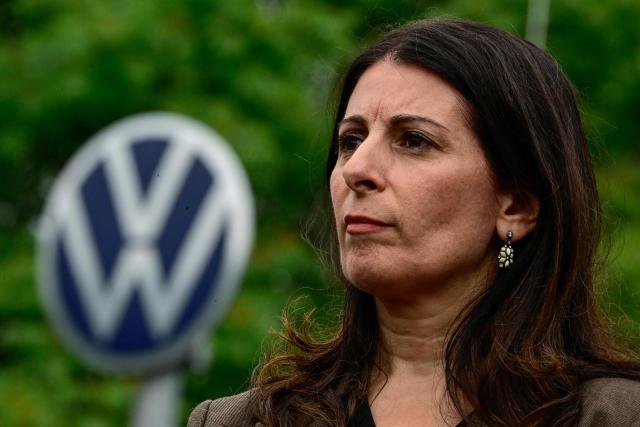 Daniela Cavallo, chairwoman of the central works council of German car maker Volkswagen (VW) attends a rally to protest against restructuring and mass job cut plans at the VW headquarters on July 9, 2026 at the Wolfsburg Volkswagen Plant in Wolfsburg, northern Germany. IG Metall is organising protests by VW workers outside plants across the country on July 9, when the carmaker's bosses will present the restructuring plans to the supervisory board. Europe's largest carmaker has come under intense pressure from US tariffs, slimmer profit margins from electric cars and above all intense competition in China, the world's largest auto market. VW, whose 10 brands range from mass-market Seats to premium Porsches, is already in the process of axing 50,000 jobs in Germany by 2030, including 35,000 at its namesake marque. (Photo by Tobias SCHWARZ / AFP)