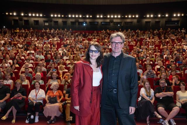 French actress Juliette Binoche and French film producer Sebastien de Fonseca pose for photographers at the 60th Karlovy Vary International Film Festival (KVIFF) in Karlovy Vary, Czech Republic on July 9, 2026 prior the presentation of her film "En Nouse". (Photo by Michal Cizek / AFP)