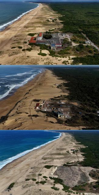 (COMBO) This combination of file pictures created on July 9, 2026 shows an aerial view of the seaside heliotherapy centre in Labenne, south-western France before (Top, picture taken on July 24, 2025), during (center, picture taken on January 20, 2026) and after its destruction work (picture taken on July 2, 2026). The destruction of the heliotherapy centre made room for a natural area aimed at containing the sea erosion believed to be triggered by global warming and the worldwide elevation of sea levels. (Photo by Christophe ARCHAMBAULT / AFP)