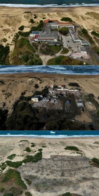 (COMBO) This combination of file pictures created on July 9, 2026 shows an aerial view of the seaside heliotherapy centre in Labenne, south-western France before (Top, picture taken on July 24, 2025), during (center, picture taken on January 20, 2026) and after its destruction work (picture taken on July 2, 2026). The destruction of the heliotherapy centre made room for a natural area aimed at containing the sea erosion believed to be triggered by global warming and the worldwide elevation of sea levels. (Photo by Christophe ARCHAMBAULT / AFP)