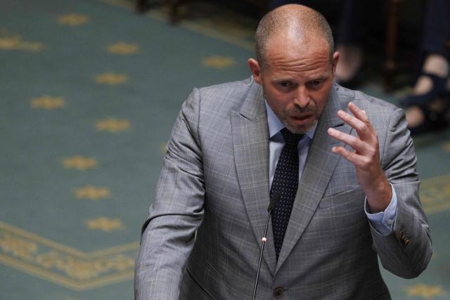Minister of Defence and Foreign Trade Theo Francken gestures as he delivers a speech during a plenary session of the Chamber at the Federal Parliament in Brussels, on July 9, 2026. (Photo by NICOLAS MAETERLINCK / Belga / AFP) / Belgium OUT