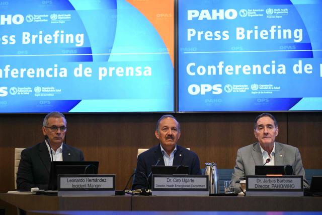 (L-R) PAHO incident manager Leonaro Hernandez, PAHO health emergencies director Dr. Ciro Ugarte, PAHO Director Dr. Jarbas Barbosa, hold a briefing on the health response to the earthquakes in Venezuela, at the Pan American Health Organization (PAHO) headquarters in Washington, DC, on July 9, 2026. (Photo by Drew ANGERER / AFP)