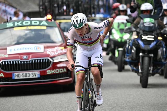 UAE Team Emirates - XRG's Slovenian rider Tadej Pogacar cycles in a lone breakaway in the final kilometers during the 6th stage of the 113th edition of the Tour de France cycling race, 186,2 km between Pau and Gavarnie-Gèdre in the French Pyrenees, on July 9, 2026. (Photo by Jeff PACHOUD / AFP)