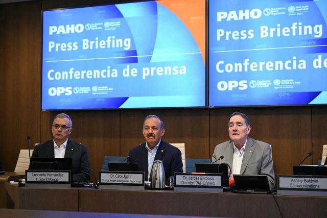 (L-R) PAHO incident manager Leonaro Hernandez, PAHO health emergencies director Dr. Ciro Ugarte and PAHO Director Dr. Jarbas Barbosa, speak during a briefing on the health response to the earthquakes in Venezuela, at the Pan American Health Organization (PAHO) headquarters in Washington, DC, on July 9, 2026. (Photo by Drew ANGERER / AFP)