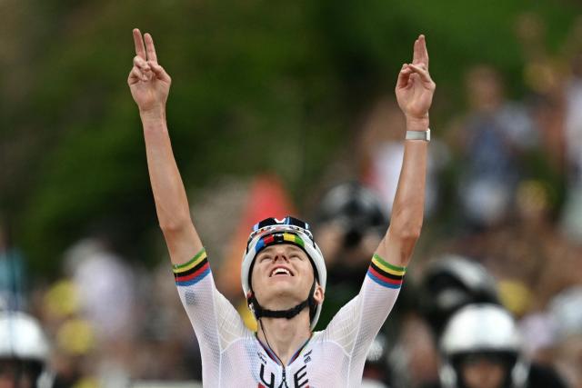 UAE Team Emirates - XRG's Slovenian rider Tadej Pogacar cycles to the finish line to win the 6th stage of the 113th edition of the Tour de France cycling race, 186 km between Pau and Gavarnie-Gèdre in the French Pyrenees, on July 9, 2026. (Photo by Loic VENANCE / AFP)