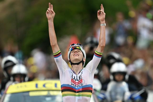 UAE Team Emirates - XRG's Slovenian rider Tadej Pogacar cycles to the finish line to win the 6th stage of the 113th edition of the Tour de France cycling race, 186 km between Pau and Gavarnie-Gèdre in the French Pyrenees, on July 9, 2026. (Photo by Loic VENANCE / AFP)