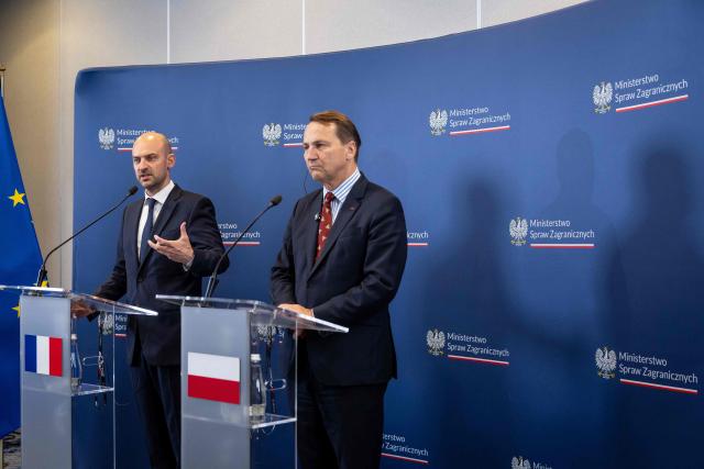 France's Minister of Foreign Affairs Jean-Noel Barrot (L) and Poland's Deputy Prime Minister and Minister of Foreign Affairs Radoslaw Sikorski address a joint press conference after Barrot participated as guest of honour in the annual Heads of Diplomatic Missions Conference in Warsaw on 09 July, 2026 (Photo by Wojtek RADWANSKI / AFP)