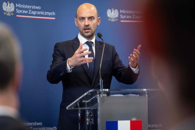 France's Minister of Foreign Affairs Jean-Noel Barrot speaks during a joint press conference with Poland's Deputy Prime Minister and Minister of Foreign Affairs Radoslaw Sikorski after Barrot participated as guest of honour in the annual Heads of Diplomatic Missions Conference in Warsaw on July 9, 2026. (Photo by Wojtek RADWANSKI / AFP)