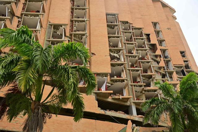 View of the destroyed Marriot Hotel in Playa Grande, Catia La Mar, La Guaira state, Venezuela on July 9, 2026, following the June 24 twin earthquakes. The United Nations launched an urgent appeal on July 8, 2026 for nearly $300 million towards Venezuela earthquake relief operations as the death toll from the disaster rose to more than 3,800 people. (Photo by MARTIN BERNETTI / AFP)