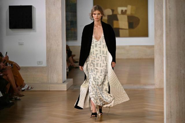A model walks the runway during Fendi's first Women Haute Couture Fall/Winter 2026-2027 collection at the National Gallery of Modern and Contemporary Art in Rome on July 9, 2026. Fendi celebrates the first haute couture show by newly seated designer Maria Grazia Chiuri in its home city of Rome along with a homage to longtime couturier Karl Lagerfeld. (Photo by Alberto PIZZOLI / AFP)