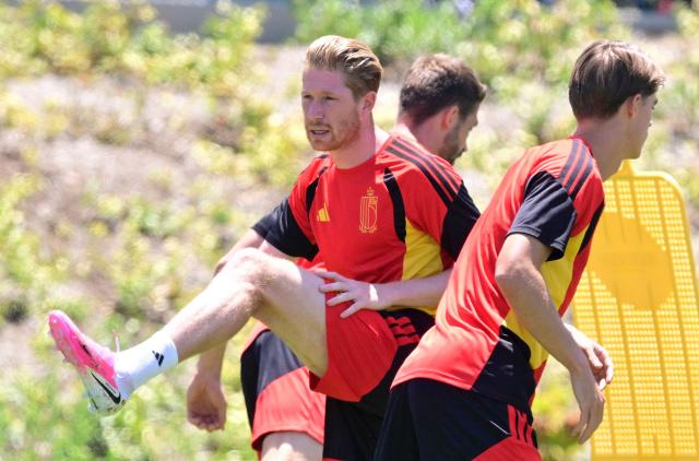 Belgium's midfielder #07 Kevin De Bruyne takes part in an MD-1 training session at Carson Sports Park in Carson, California on July 9, 2026, on the eve of the 2026 World Cup football tournament quarter-final match between Spain and Belgium. (Photo by Frederic J. Brown / AFP)