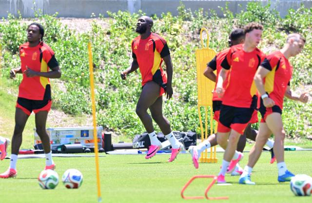 Belgium's forward #09 Romelu Lukaku takes part in an MD-1 training session at Carson Sports Park in Carson, California on July 9, 2026, on the eve of the 2026 World Cup football tournament quarter-final match between Spain and Belgium. (Photo by Frederic J. Brown / AFP)