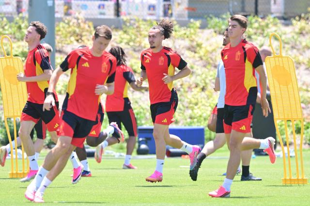 Belgium's defender #03 Arthur Theate takes part in an MD-1 training session at Carson Sports Park in Carson, California on July 9, 2026, on the eve of the 2026 World Cup football tournament quarter-final match between Spain and Belgium. (Photo by Frederic J. Brown / AFP)