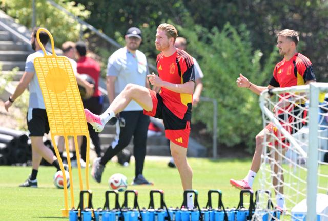 Belgium's midfielder #07 Kevin De Bruyne takes part in an MD-1 training session at Carson Sports Park in Carson, California on July 9, 2026, on the eve of the 2026 World Cup football tournament quarter-final match between Spain and Belgium. (Photo by Frederic J. Brown / AFP)