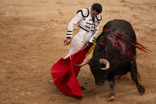 EDITORS NOTE: Graphic content / Spanish matador Alejandro Talavante performs a pass to a bull with "muleta" during a bullfight at the San Fermin festival in Pamplona, northern Spain, on July 9, 2026. (Photo by JORGE GUERRERO / AFP)