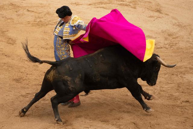 Peruvian bullfighter Roca Rey performs a pass to a bull during a bullfight at the San Fermin festival in Pamplona, northern Spain, on July 9, 2026. (Photo by JORGE GUERRERO / AFP)